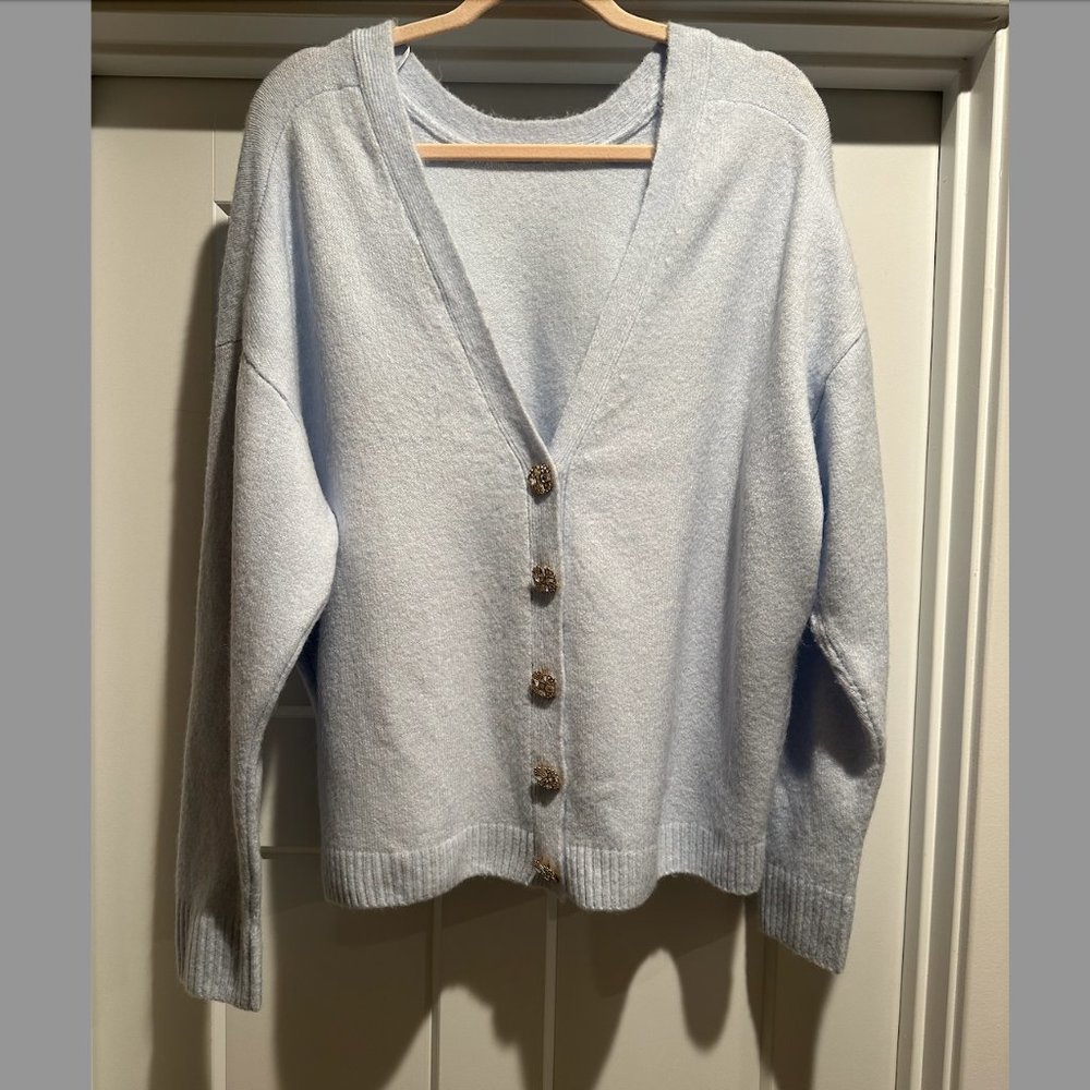 Cece Baby Blue V Neck Cardigan Sweater Rhinestone